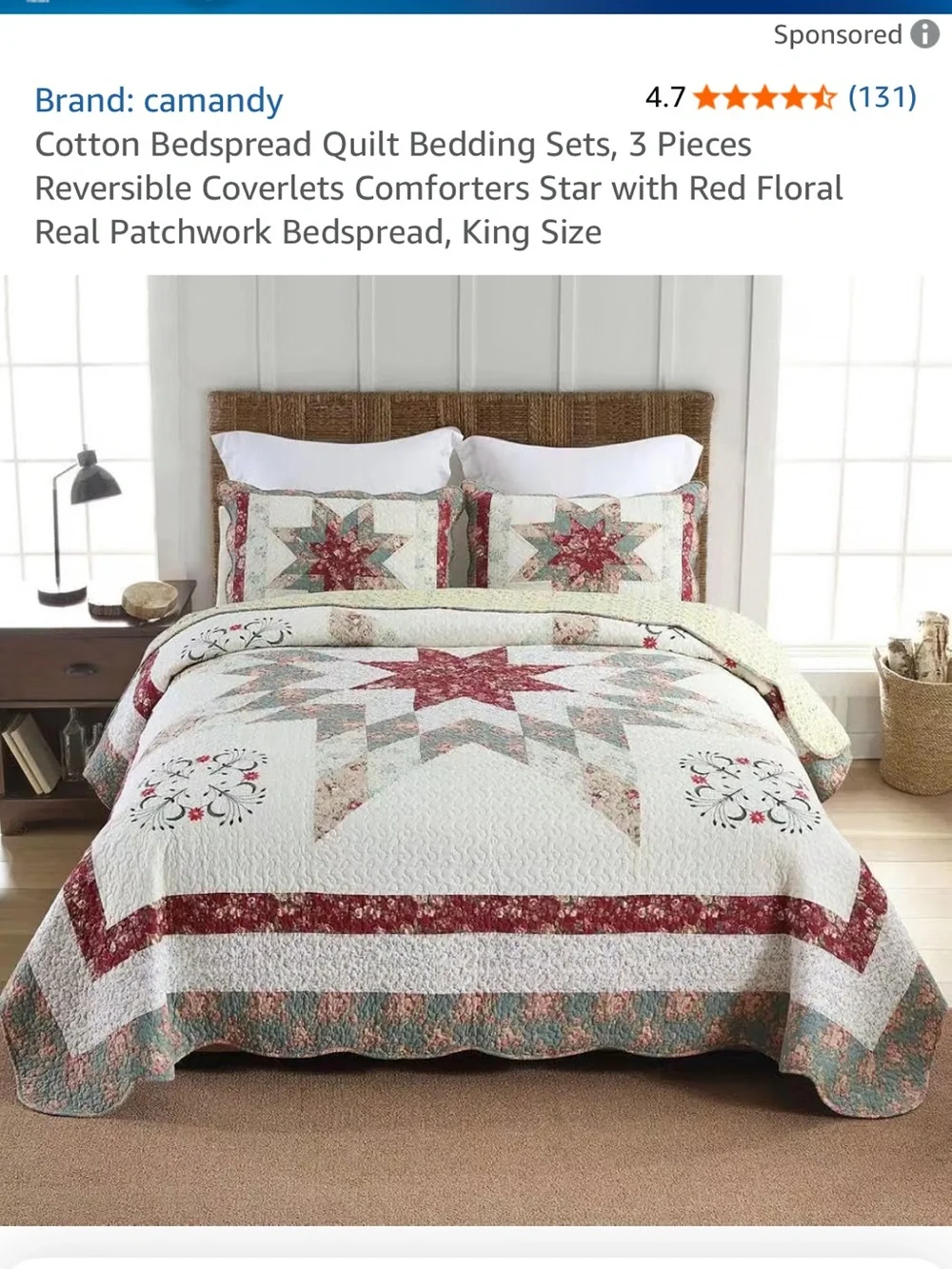 Red Floral Star Quilt Bedspread Set - Reversible 3-Piece Bedding
